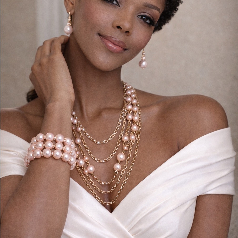 Elegant Pearl Jewelry Necklace, Earrings & Trio Bracelet Set